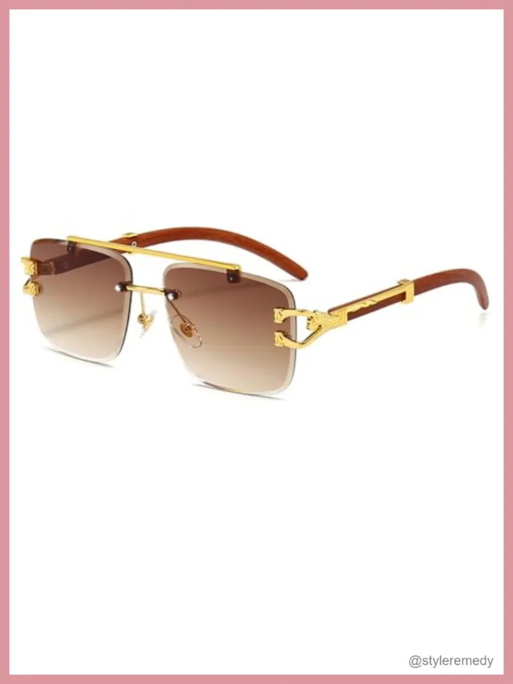 Oversized Rimless Square Sunglasses Wood Frame UV400 Retro Unisex